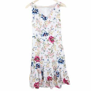 WHBM Sleeveless Floral V-Neck Midi Dress Ruffle 0